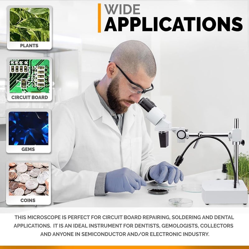 AmScope SE400 Professional Binocular Stereo Microscope WF10x Eyepieces 10X Magnification 1X Objective LED Lighting BoomArm Stand 110V120V - Image 4
