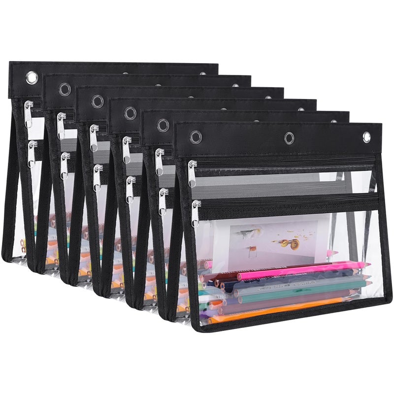 YoeeJob 6 Pack Zipper Pencil Pouches for 3 Ring Binder 15 Inch Expandable with 2 Pockets and Clear Window for School and Office Black - Image 2