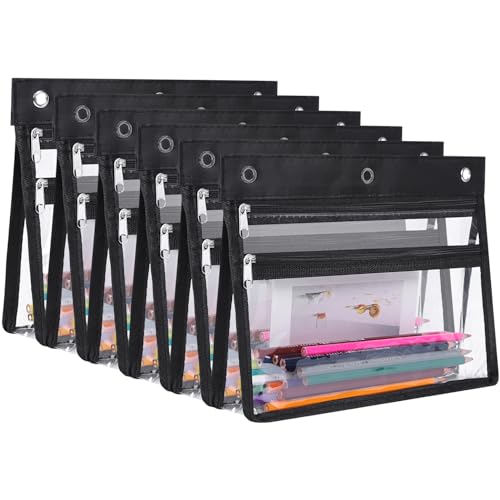 YoeeJob 6 Pack Zipper Pencil Pouches for 3 Ring Binder 15 Inch Expandable with 2 Pockets and Clear Window for School and Office Black - Image 1