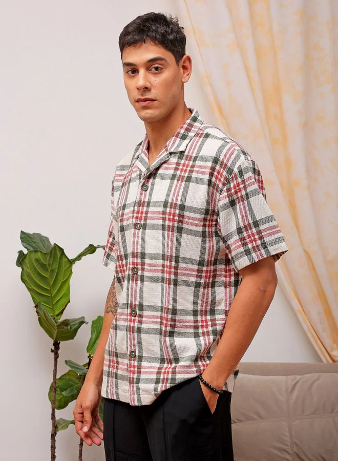 The Indian Garage Co Men Relaxed Fit Checkered Half Sleeves Cuban Collar Resort Wear Shirt