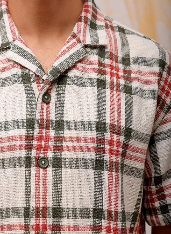 The Indian Garage Co Men Relaxed Fit Checkered Half Sleeves Cuban Collar Resort Wear Shirt