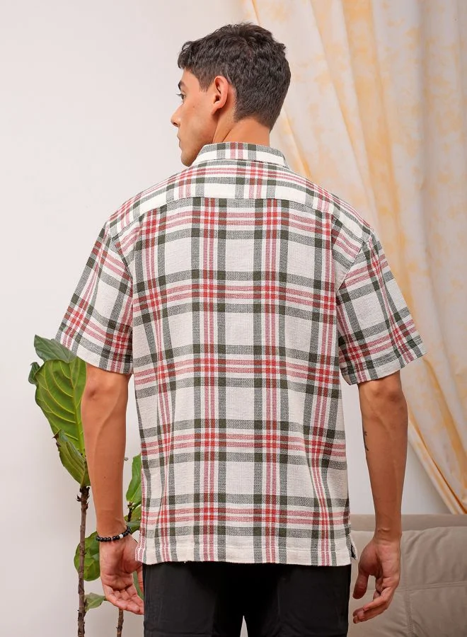 The Indian Garage Co Men Relaxed Fit Checkered Half Sleeves Cuban Collar Resort Wear Shirt
