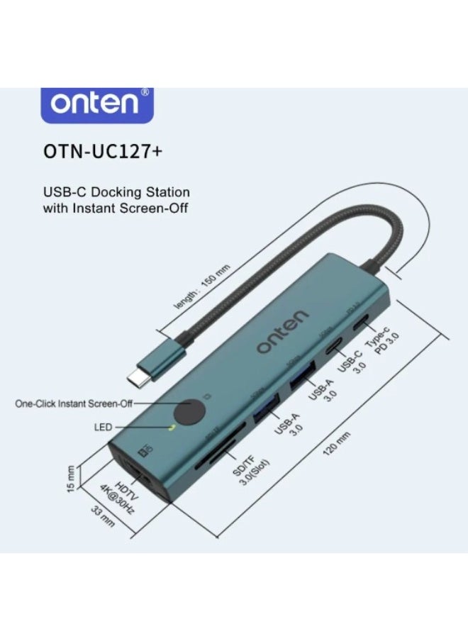 onten onten OTN-UC127+  7-in-1 USB-C Hub with Instant Screen-Off (4K30Hz HDMI + 2xUSB-A 3.0 + USB-C 3.0 + PD3.0 + SD3.0 + TF3.0 )  - Image 4