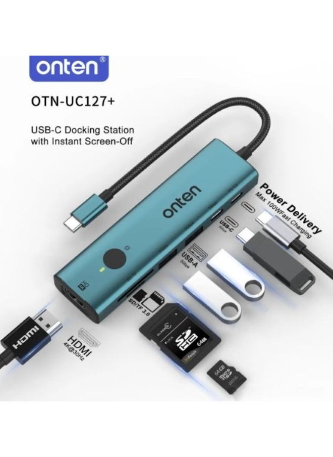 onten onten OTN-UC127+  7-in-1 USB-C Hub with Instant Screen-Off (4K30Hz HDMI + 2xUSB-A 3.0 + USB-C 3.0 + PD3.0 + SD3.0 + TF3.0 )  - Image 1