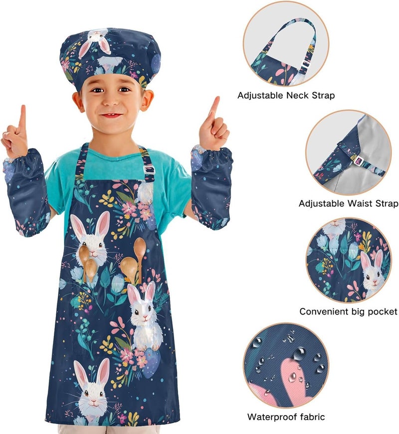 Kid Chef Costume Creative Rabbit Flower Easter Child Apron with Pockets for Baking Cooking Painting 3-12 Years Old - Image 4