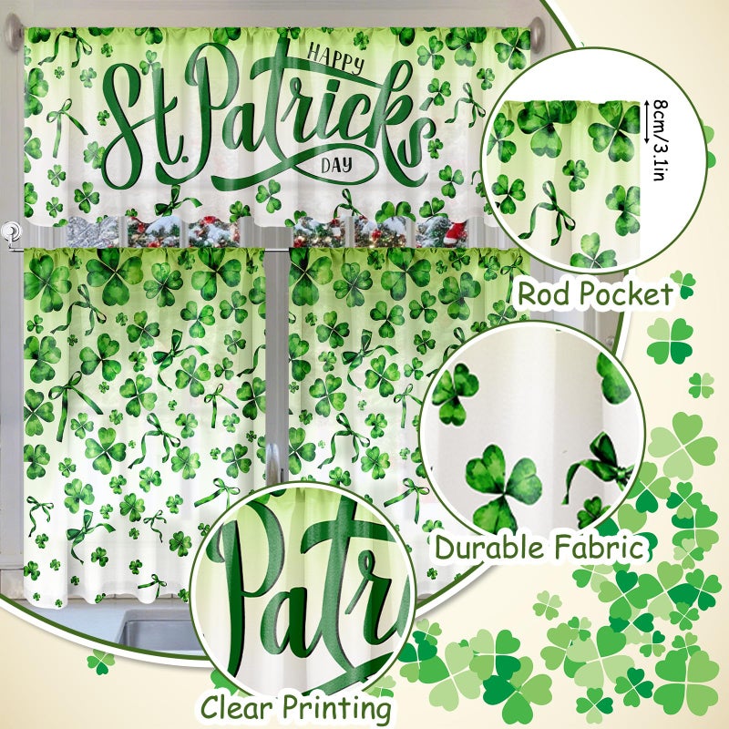 Breling 3 Pcs St Patricks Day Kitchen Curtains Valances and Tiers Set for Windows Green Shamrock Clover Irish Decor Short Curtain Set for Bedroom Window Treatment Decor Party Favor Supplies - Image 4