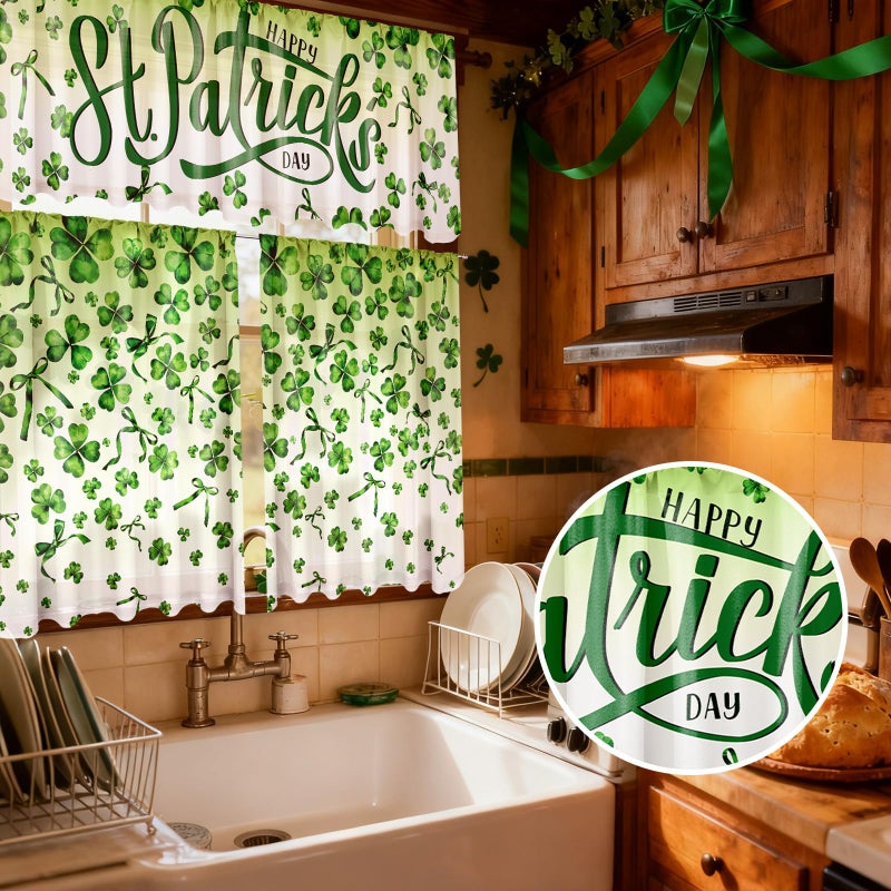 Breling 3 Pcs St Patricks Day Kitchen Curtains Valances and Tiers Set for Windows Green Shamrock Clover Irish Decor Short Curtain Set for Bedroom Window Treatment Decor Party Favor Supplies - Image 5