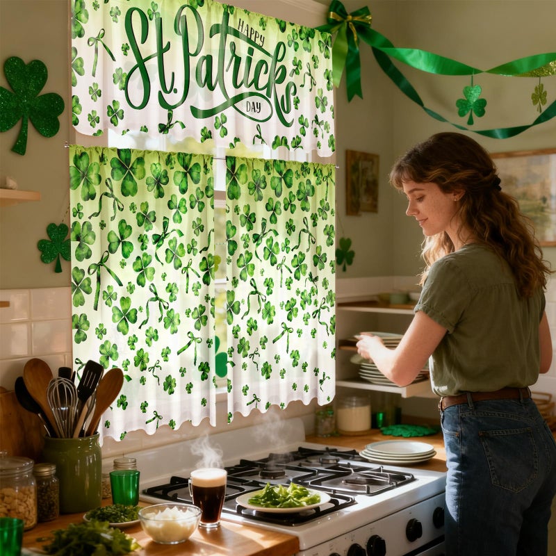 Breling 3 Pcs St Patricks Day Kitchen Curtains Valances and Tiers Set for Windows Green Shamrock Clover Irish Decor Short Curtain Set for Bedroom Window Treatment Decor Party Favor Supplies - Image 2