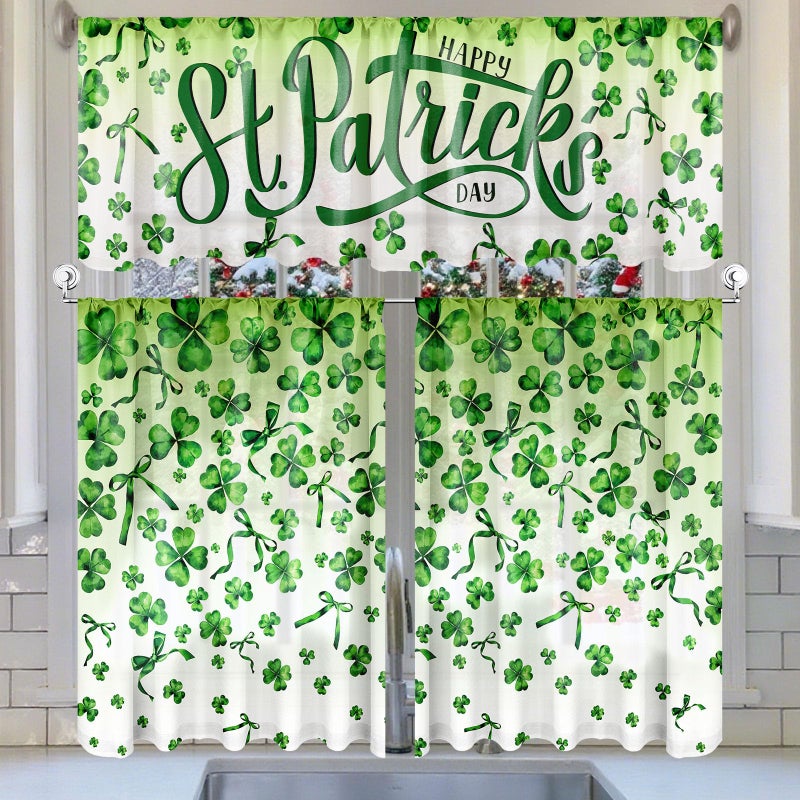 Breling 3 Pcs St Patricks Day Kitchen Curtains Valances and Tiers Set for Windows Green Shamrock Clover Irish Decor Short Curtain Set for Bedroom Window Treatment Decor Party Favor Supplies - Image 1