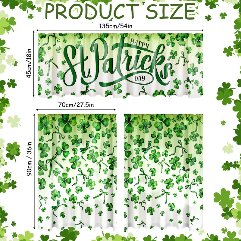 Breling 3 Pcs St Patricks Day Kitchen Curtains Valances and Tiers Set for Windows Green Shamrock Clover Irish Decor Short Curtain Set for Bedroom Window Treatment Decor Party Favor Supplies - Image 3