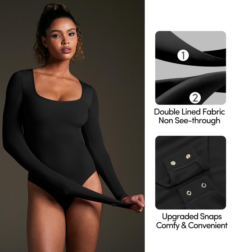 IUGA Long Sleeve Bodysuits for Women Square Neck Bodysuit Shapewear Bodysuit Tummy Control Slimming Body Suit for Womens - Image 3
