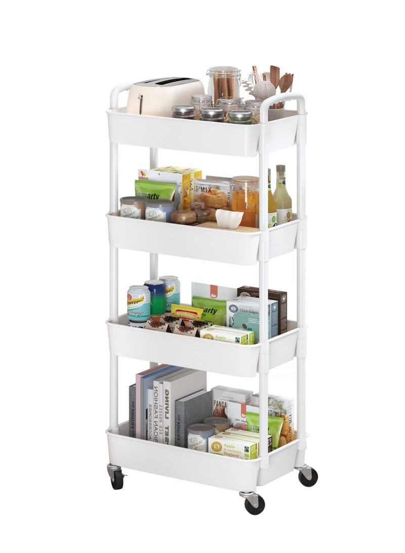 4-Tier Plastic Rolling Utility Cart with Handle, Multi-Functional Storage Trolley for Office, Living Room, Kitchen, Movable Storage Organizer with Wheels, White - Image 1