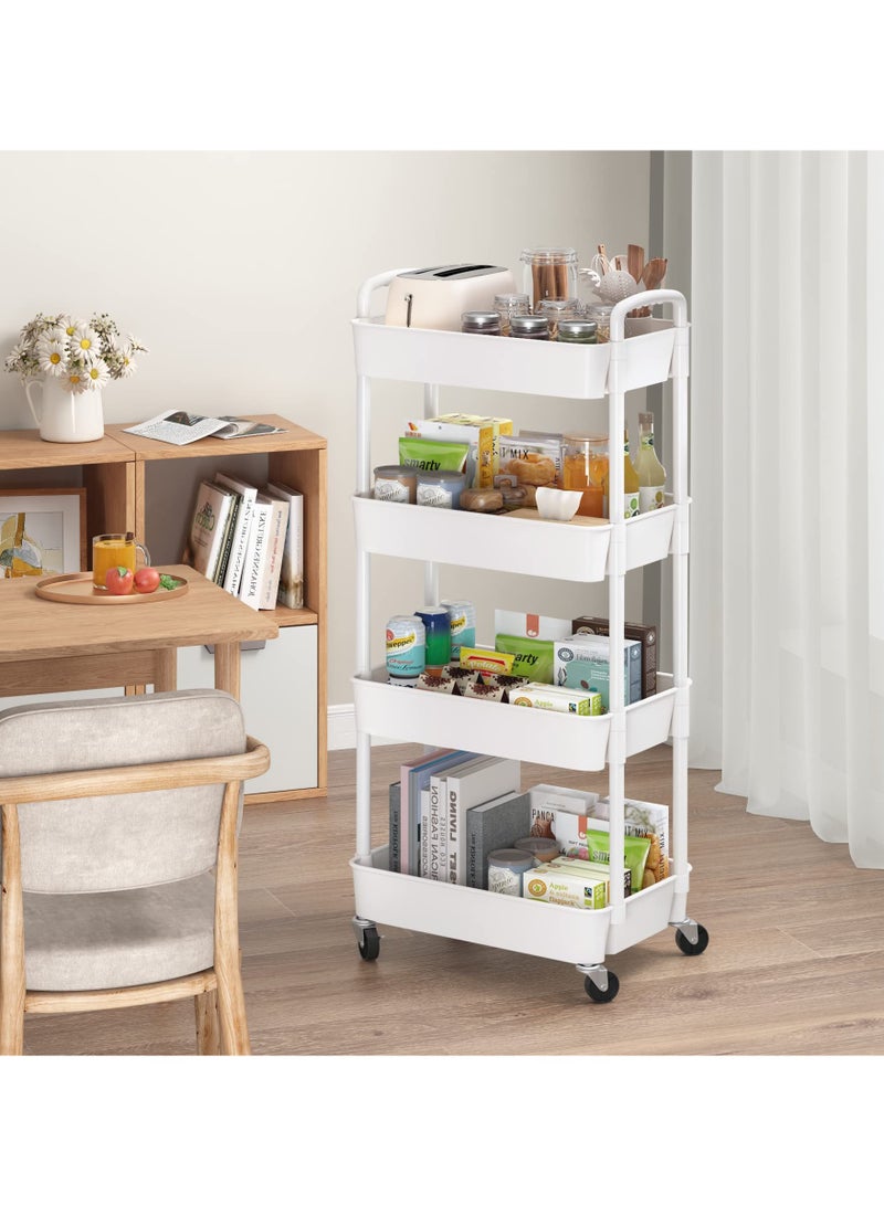 4-Tier Plastic Rolling Utility Cart with Handle, Multi-Functional Storage Trolley for Office, Living Room, Kitchen, Movable Storage Organizer with Wheels, White - Image 3
