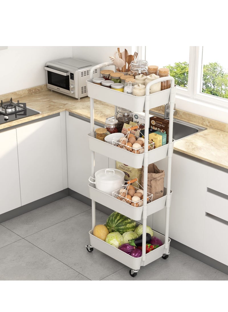 4-Tier Plastic Rolling Utility Cart with Handle, Multi-Functional Storage Trolley for Office, Living Room, Kitchen, Movable Storage Organizer with Wheels, White - Image 4