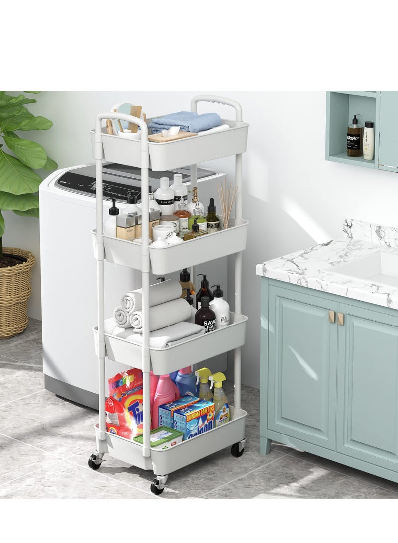 4-Tier Plastic Rolling Utility Cart with Handle, Multi-Functional Storage Trolley for Office, Living Room, Kitchen, Movable Storage Organizer with Wheels, White - Image 5