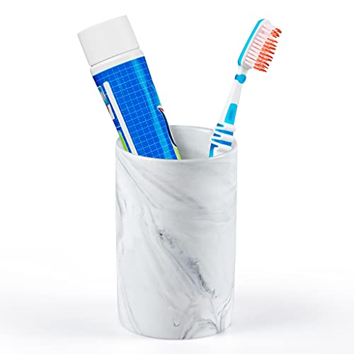 Sanbege Bathroom Tumbler Cup, Ceramic Toothbrush Holder Stand for Mouthwash Rinsing, Toothpaste, Pen, Makeup Brush, Teaspoon Organizer, 10oz / 300ml (Marble Pattern) - Image 1
