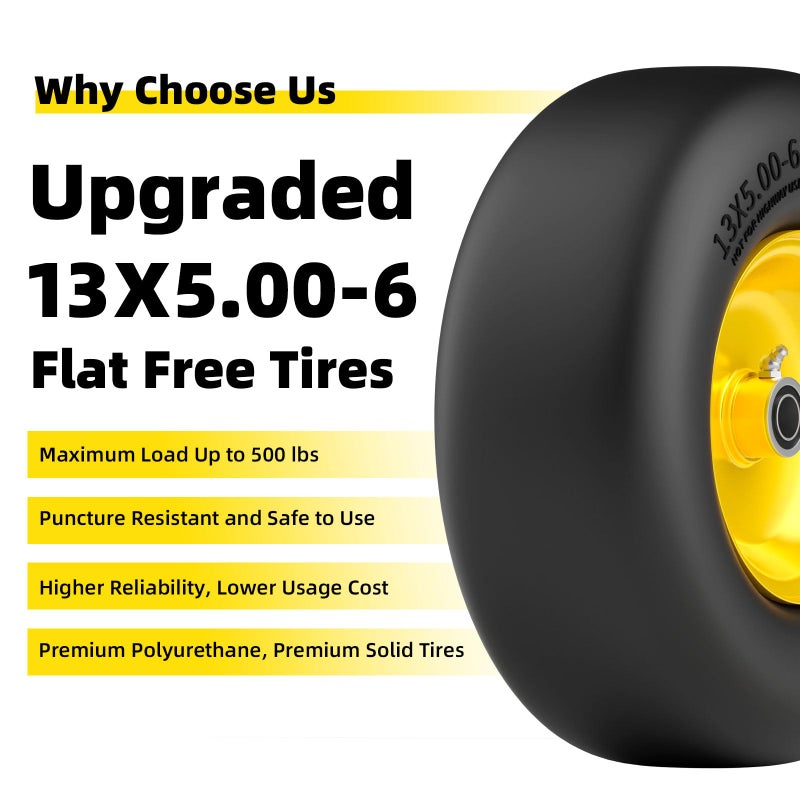 RONPOW 13x5.00-6 Flat Free Lawn Mower Tire and Wheel, 13x5x6 Solid Front Tires for Zero Turn Mower, 500Lbs Load, 3/4", 5/8", 1/2" Bearings, 4.33"-6.73" Hub Compatible with john deere, 2Pack Yellow - Image 4