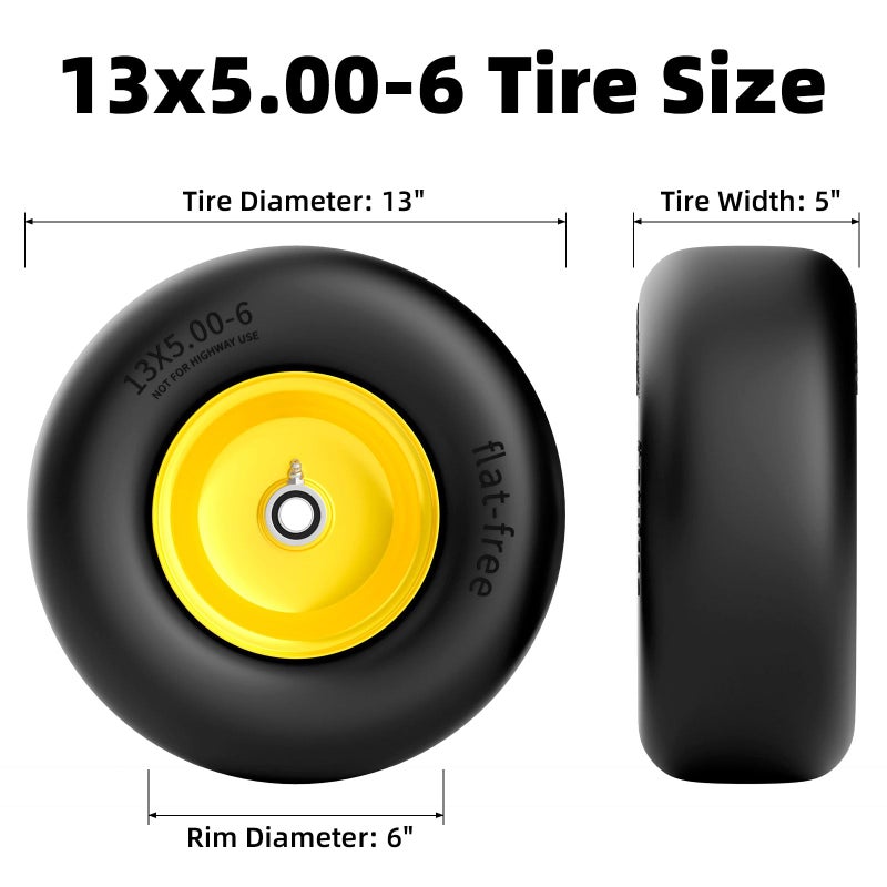 RONPOW 13x5.00-6 Flat Free Lawn Mower Tire and Wheel, 13x5x6 Solid Front Tires for Zero Turn Mower, 500Lbs Load, 3/4", 5/8", 1/2" Bearings, 4.33"-6.73" Hub Compatible with john deere, 2Pack Yellow - Image 2