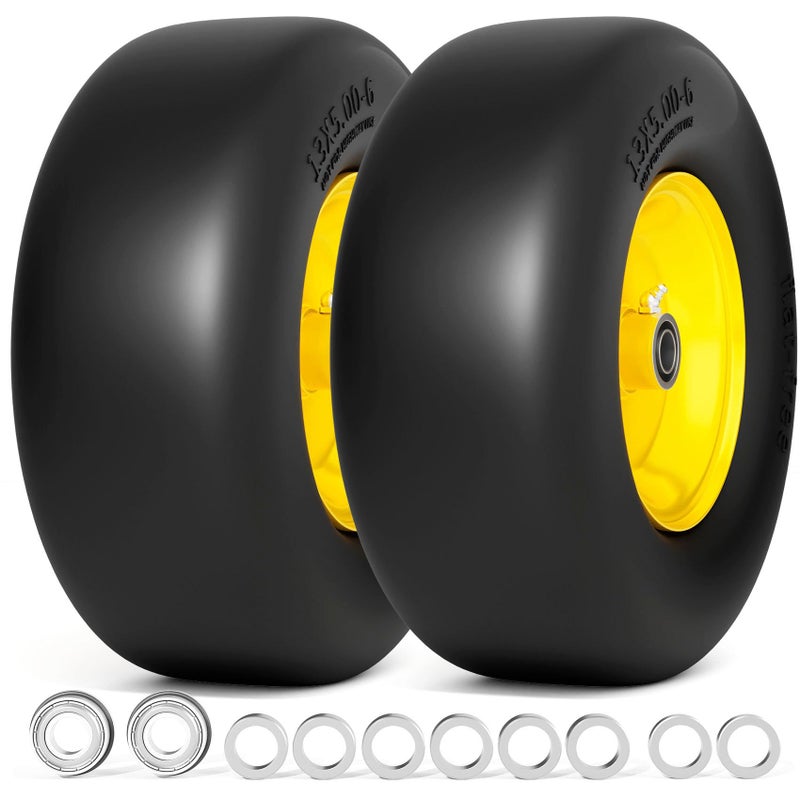 RONPOW 13x5.00-6 Flat Free Lawn Mower Tire and Wheel, 13x5x6 Solid Front Tires for Zero Turn Mower, 500Lbs Load, 3/4", 5/8", 1/2" Bearings, 4.33"-6.73" Hub Compatible with john deere, 2Pack Yellow - Image 1