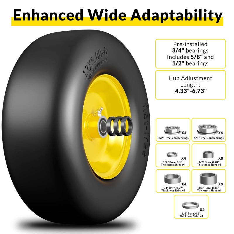 RONPOW 13x5.00-6 Flat Free Lawn Mower Tire and Wheel, 13x5x6 Solid Front Tires for Zero Turn Mower, 500Lbs Load, 3/4", 5/8", 1/2" Bearings, 4.33"-6.73" Hub Compatible with john deere, 2Pack Yellow - Image 5