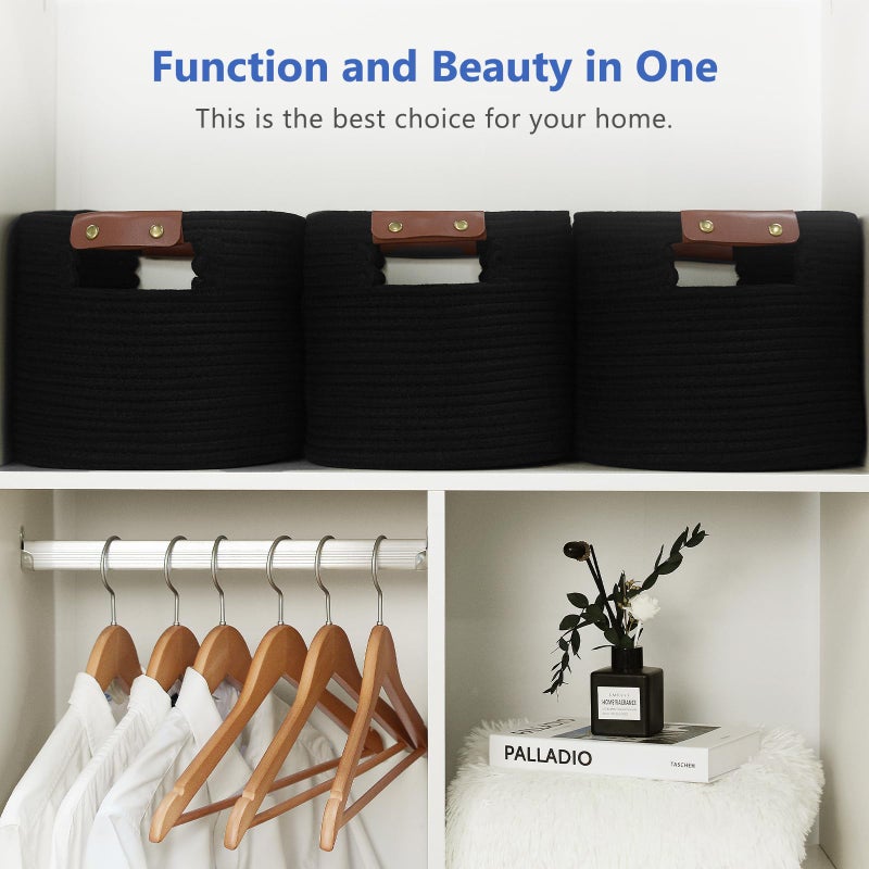 ECDYQXVU Cotton Rope Basket, Storage Baskets with Handle, 15x10x9 Inch Woven Basket for Shelves, Laundry, Towels, Clothes, Books (Black 1Pack) - Image 5