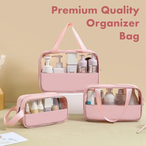 HOOPOES Travel Toiletry Pouch for Women & Men, Portable Cosmetic Organizer Bag for Full-Sized Shampoo, Brushes Set, Toys, Stationery, Bathroom & Makeup Accessories (Pink, 3 pcs Set) - Image 2