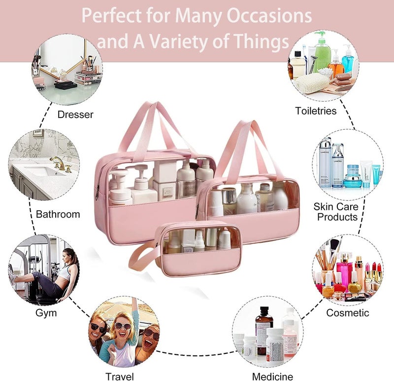 HOOPOES Travel Toiletry Pouch for Women & Men, Portable Cosmetic Organizer Bag for Full-Sized Shampoo, Brushes Set, Toys, Stationery, Bathroom & Makeup Accessories (Pink, 3 pcs Set) - Image 4