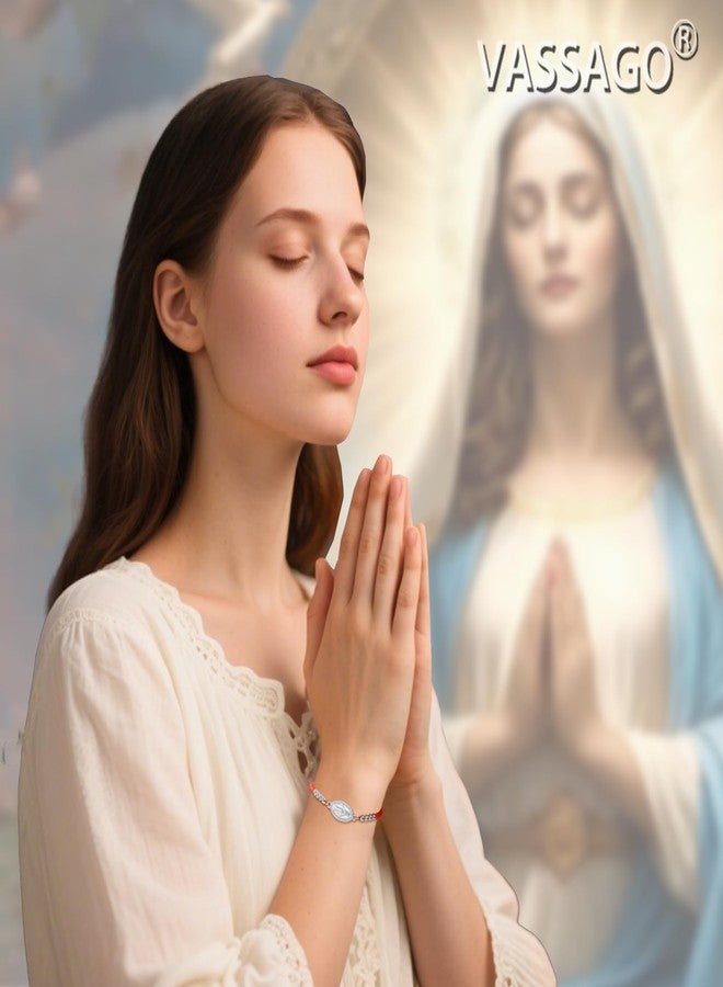 فاساغو سوار فاساجو للعذراء مريم للنساء، سوار مسبحة كاثوليكي مزدوج الجوانب يحمل صورة العذراء غوادالوبي، ميدالية، مصنوع يدويًا من حبل مضفر، هدية مجوهرات دينية مسيحية (خيط فضي-أحمر). - Image 2