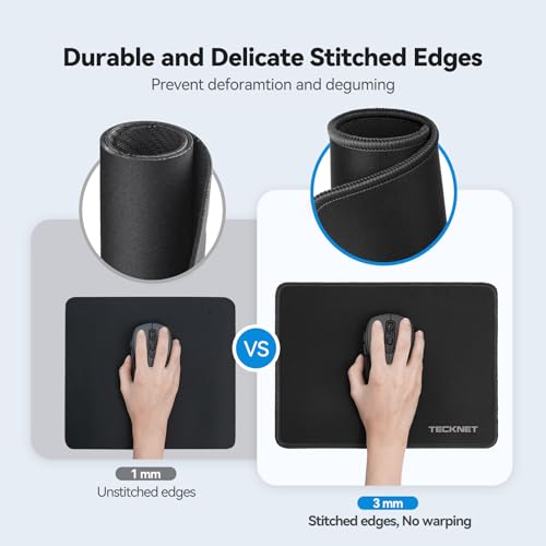 TECKNET Mouse Pad with Anti-fray Stitching, Waterproof Surface & Non-Slip Rubber Base with Stitched Edges Gaming Mouse Mat for Laptop，Compatible with Laser and Optical Mice - Black - Image 2