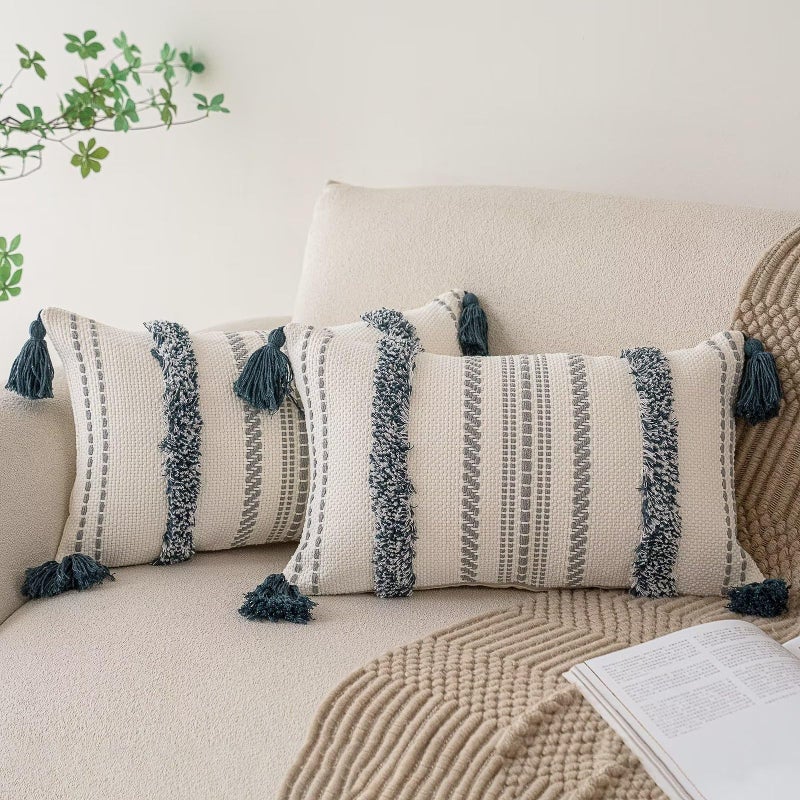 BUIOVBEY Boho Throw Pillow Covers 12x20 Set of 2 Woven Tufted Farmhouse Pillows Cover with Tassels Textured Striped Cushion Case Lumbar Pillow Cases Decorative Pillowcase for Sofa  Bed  Dark Blue - Image 1