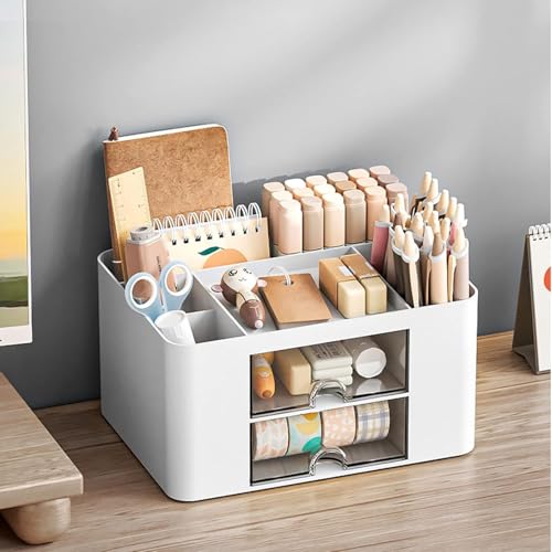 RILION Desk Organiser with 5 Compartments and 2 Drawers, Desktop Storage Box for Office Supplies and Stationery, White - Image 1