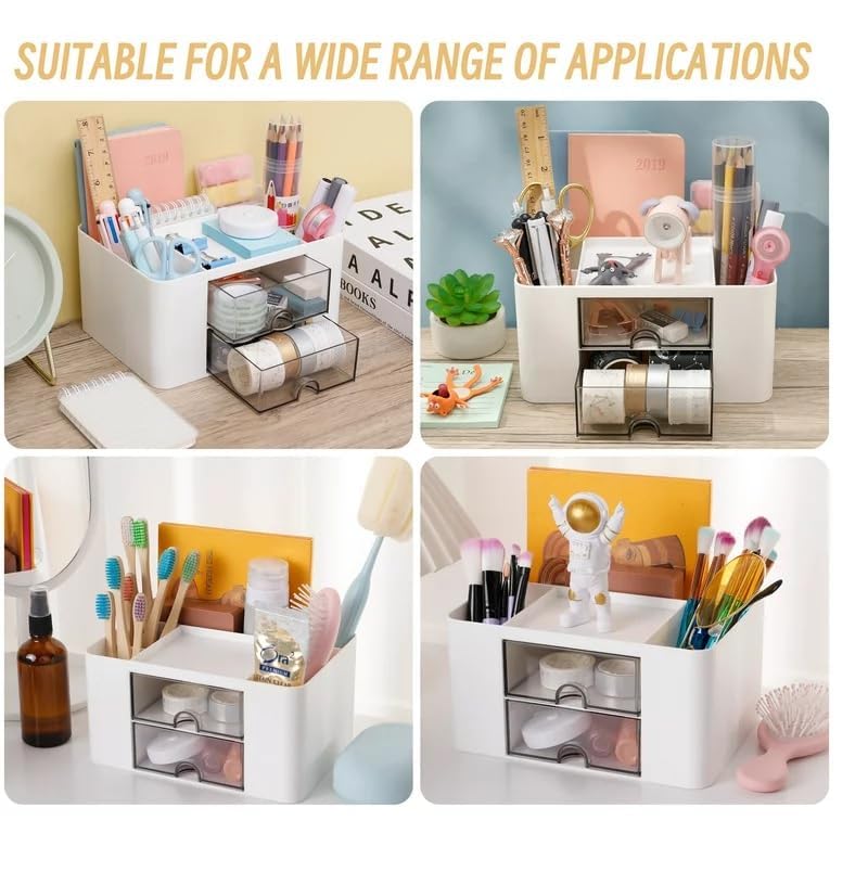 RILION Desk Organiser with 5 Compartments and 2 Drawers, Desktop Storage Box for Office Supplies and Stationery, White - Image 2