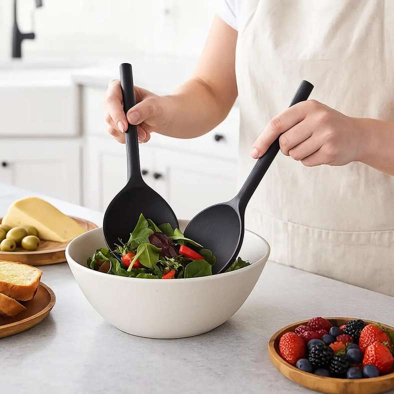 Pan Home طقم تقديم سلطة من خشب الأكاسيا 2 قطعة - أسود - Image 1