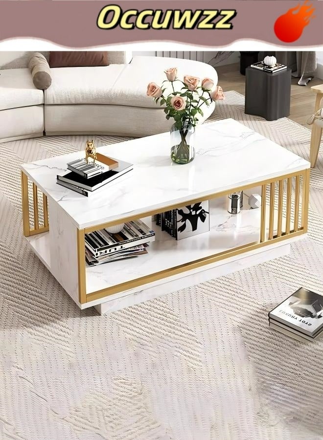 أوكيوز طاولة قهوة Occuwzz الحديثة من الرخام الأبيض الصناعي بإطار من الفولاذ المقاوم للصدأ باللون الذهبي، طاولة وسطية مستطيلة فاخرة لغرفة المعيشة مقاس 40 بوصة مع رف تخزين، طاولة قهوة من طبقتين وطاولة كوكتيل للمكتب المنزلي - Image 2