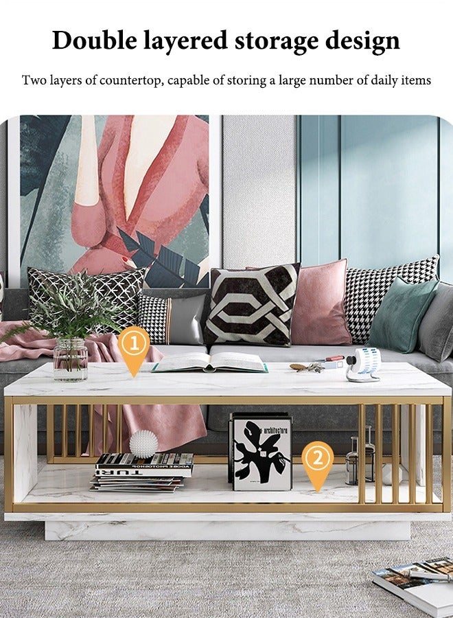 أوكيوز طاولة قهوة Occuwzz الحديثة من الرخام الأبيض الصناعي بإطار من الفولاذ المقاوم للصدأ باللون الذهبي، طاولة وسطية مستطيلة فاخرة لغرفة المعيشة مقاس 40 بوصة مع رف تخزين، طاولة قهوة من طبقتين وطاولة كوكتيل للمكتب المنزلي - Image 5