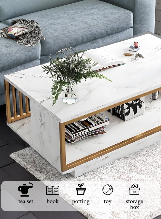 أوكيوز طاولة قهوة Occuwzz الحديثة من الرخام الأبيض الصناعي بإطار من الفولاذ المقاوم للصدأ باللون الذهبي، طاولة وسطية مستطيلة فاخرة لغرفة المعيشة مقاس 40 بوصة مع رف تخزين، طاولة قهوة من طبقتين وطاولة كوكتيل للمكتب المنزلي - Image 3