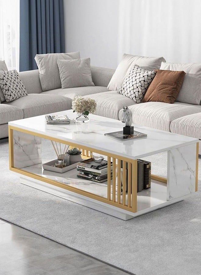 أوكيوز طاولة قهوة Occuwzz الحديثة من الرخام الأبيض الصناعي بإطار من الفولاذ المقاوم للصدأ باللون الذهبي، طاولة وسطية مستطيلة فاخرة لغرفة المعيشة مقاس 40 بوصة مع رف تخزين، طاولة قهوة من طبقتين وطاولة كوكتيل للمكتب المنزلي - Image 1