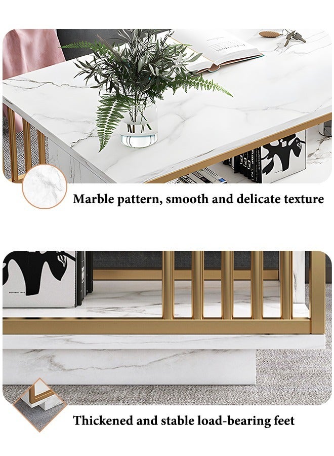 أوكيوز طاولة قهوة Occuwzz الحديثة من الرخام الأبيض الصناعي بإطار من الفولاذ المقاوم للصدأ باللون الذهبي، طاولة وسطية مستطيلة فاخرة لغرفة المعيشة مقاس 40 بوصة مع رف تخزين، طاولة قهوة من طبقتين وطاولة كوكتيل للمكتب المنزلي - Image 4