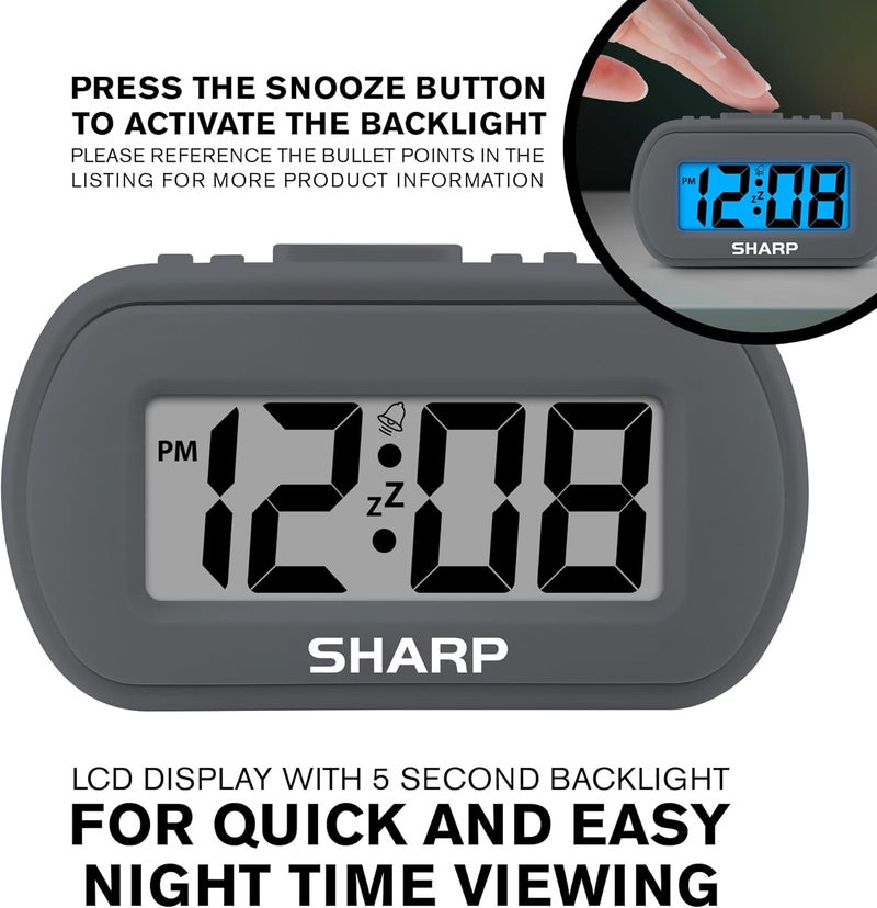 SHARP Digital Alarm Clock – Tactile Plastic Case with Soft Rubberized Finish - Battery Operated – Blue Backlight on Demand – Ascending Alarm – Easy to Use – Charcoal Black - Image 5