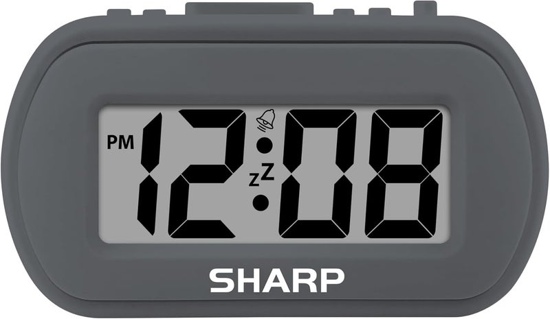 SHARP Digital Alarm Clock – Tactile Plastic Case with Soft Rubberized Finish - Battery Operated – Blue Backlight on Demand – Ascending Alarm – Easy to Use – Charcoal Black - Image 1
