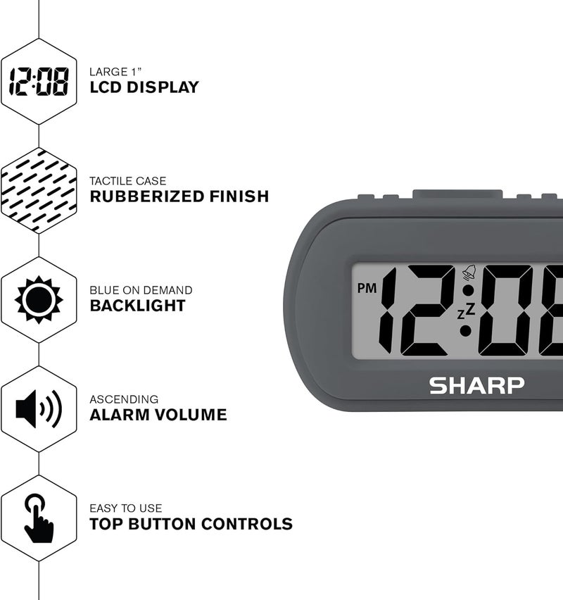 SHARP Digital Alarm Clock – Tactile Plastic Case with Soft Rubberized Finish - Battery Operated – Blue Backlight on Demand – Ascending Alarm – Easy to Use – Charcoal Black - Image 4