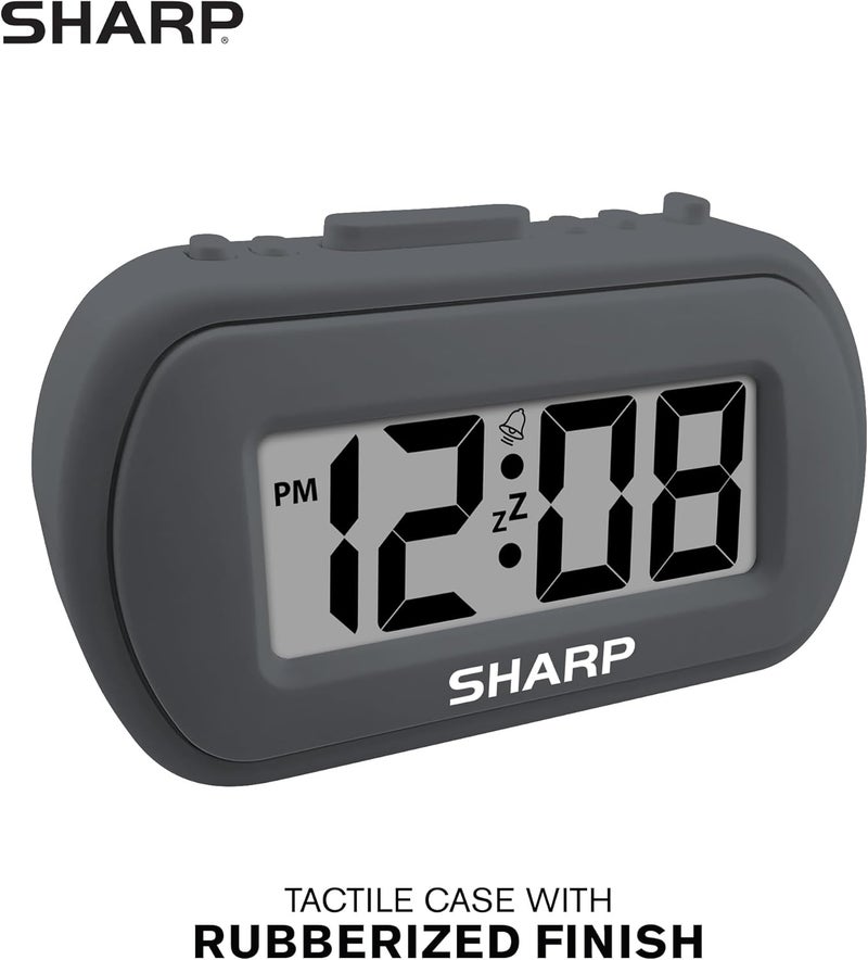 SHARP Digital Alarm Clock – Tactile Plastic Case with Soft Rubberized Finish - Battery Operated – Blue Backlight on Demand – Ascending Alarm – Easy to Use – Charcoal Black - Image 2