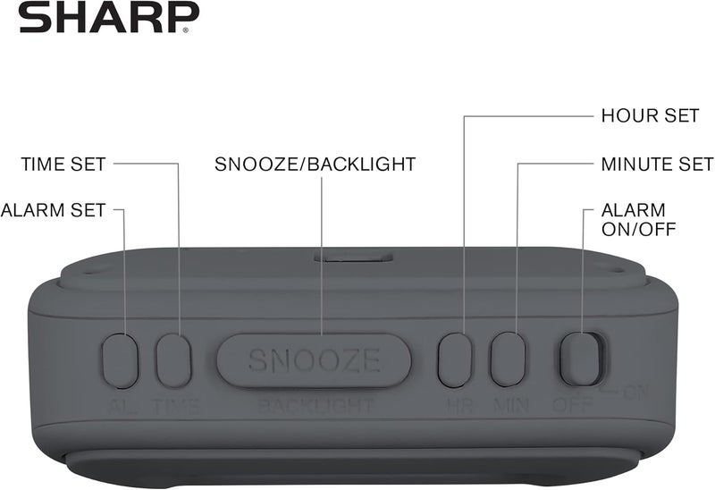 SHARP Digital Alarm Clock – Tactile Plastic Case with Soft Rubberized Finish - Battery Operated – Blue Backlight on Demand – Ascending Alarm – Easy to Use – Charcoal Black - Image 3