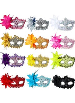 The Bros 12Pcs Masquerade Mask, Ladies Venice Ball Ball Mask with Flowers, Half Face Lace Mask, Vintage Mask, Mardi Gras Dress Up Party Supplies  - Image 1
