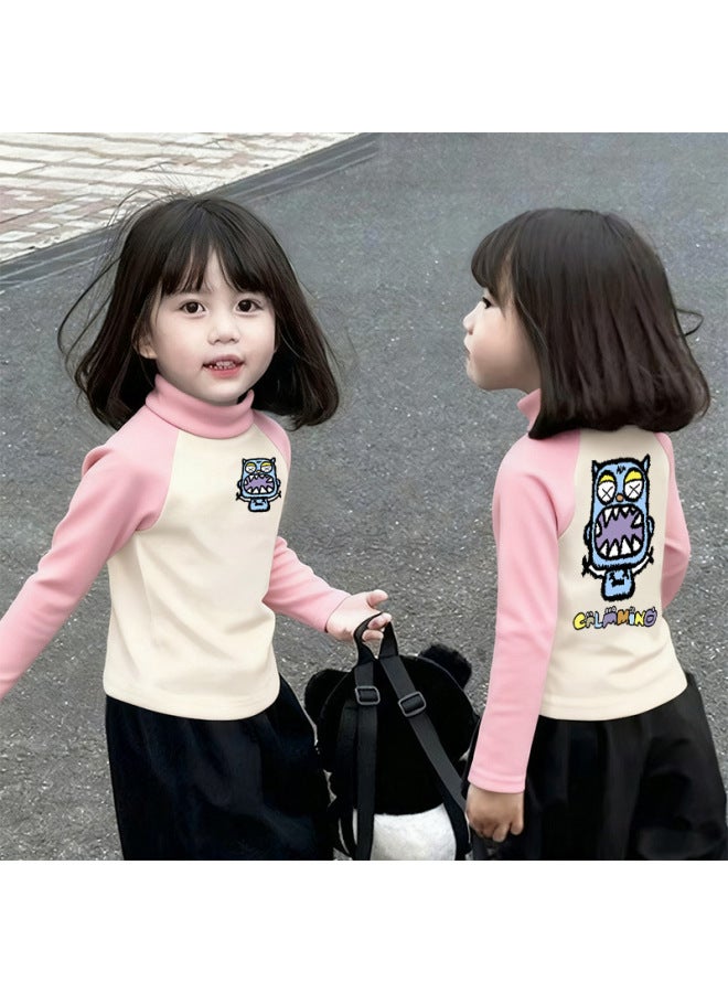 Girls' Thermal Base Layer Top Autumn And Winternew Style For Older Children, Half Turtleneck, Warm Inner Layer, Color-blocking Long Sleeves
