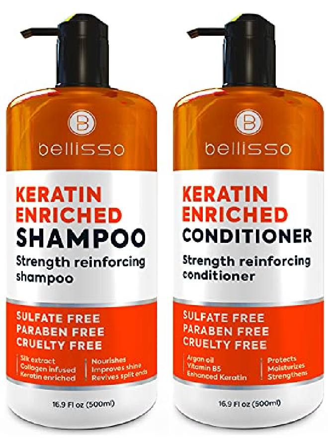 BELLISSO Keratin Shampoo And Conditioner Set Sulfate Free Deep Treatment With Morrocan Argan Oil Anti Frizz For Dry Hair And Extra Shine - Image 1