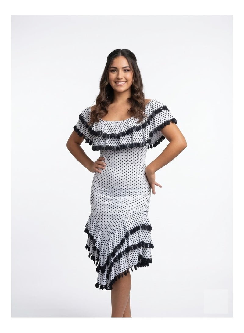 Egyptian Folkor  Alexandrian belly dance gallabiyah a white dress with black polka dots  lycra  for women - Image 1