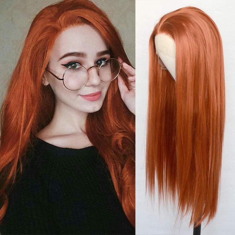 Luwigs 360 Copper Red Synthetic Lace Front Wigs Long Straight Ginger Red Half Hand Tied Replacement Wigs Heat Resistant Fiber Hair for Cosplay Daily Wear 22inch