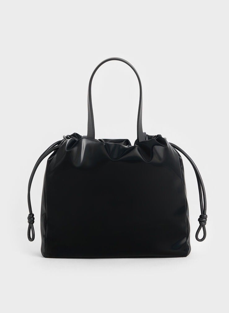 Charles & Keith Charles & Keith Mini Bethel Shiny Ruched Drawstring Tote Bag & Shoulder Bag & Crossbody Bag - Jet Black  - Image 5