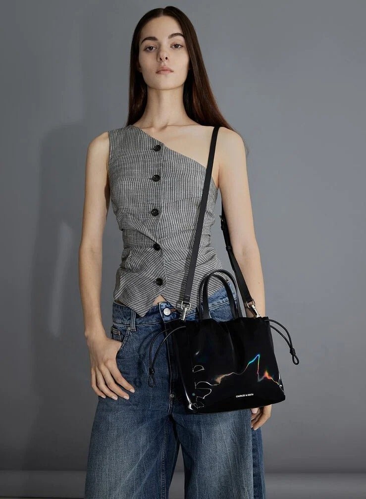 Charles & Keith Charles & Keith Mini Bethel Shiny Ruched Drawstring Tote Bag & Shoulder Bag & Crossbody Bag - Jet Black  - Image 2